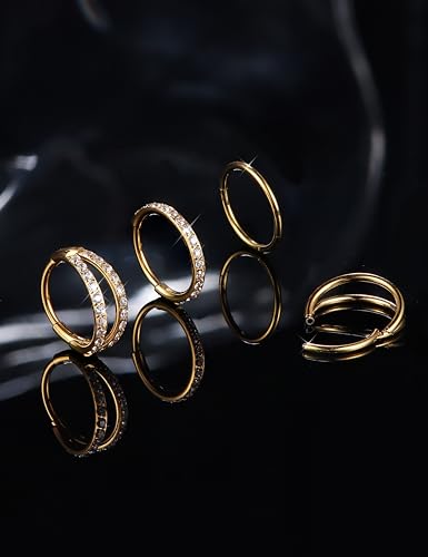 Dochais 4PCS 18G Nose Rings Hoops, Surgical Steel Earrings Tragus Septum Piercing CZ Clicker Ring, Hinged Segment Conch Lip Cartilage Double Hoops 8mm 10mm for Women Men - color: Gold, size: 20G(0.8mm),8mm