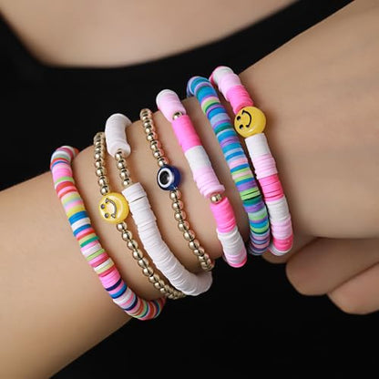 Friendship Bracelets for Women - Heishi Surfer Colorful Smile Evil Eye Clay Beaded Stretch Bracelets Elastic Layering - Stackable Boho Disc Y2K Aesthetic Summer Jewelry Set. - color: A-Evil Eye-7pc