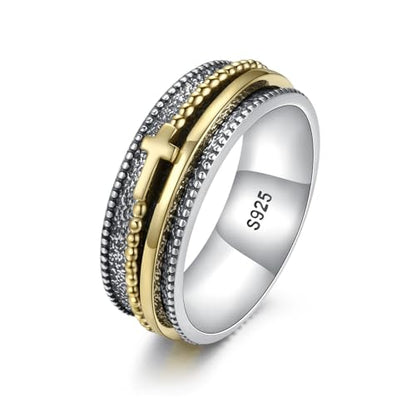 Sariel Cross Fidget Ring for Women - 925 Sterling Silver Spinner Rings Spinning Band Rings Wide Hammered - color: Gold-
