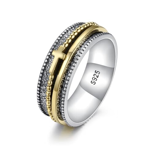 Sariel Cross Fidget Ring for Women - 925 Sterling Silver Spinner Rings Spinning Band Rings Wide Hammered - color: Gold-