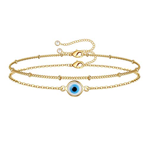 Dainty Gold Bracelets for Women, 14K Gold Plated Adjustable Layered Beads Bracelet Cute Evil Eye Oval Chain Pearl Bar Turtle Gold Bracelets for Women Jewelry - style: "Evil Eye&Beads Chain