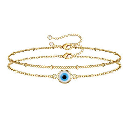 Dainty Gold Bracelets for Women, 14K Gold Plated Adjustable Layered Beads Bracelet Cute Evil Eye Oval Chain Pearl Bar Turtle Gold Bracelets for Women Jewelry - style: "Evil Eye&Beads Chain