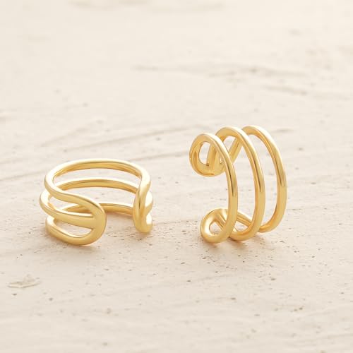 Women Ear Cuff Earring Gold Non Pierced Ear Cartilage Clip on Wrap Hoop 14K Gold Filled Tiny Boho Beach Simple Minimalist Delicate Handmade Hypoallergenic Jewelry Gift-Sold as Single/Pair - style: 3 Hoops /Pair