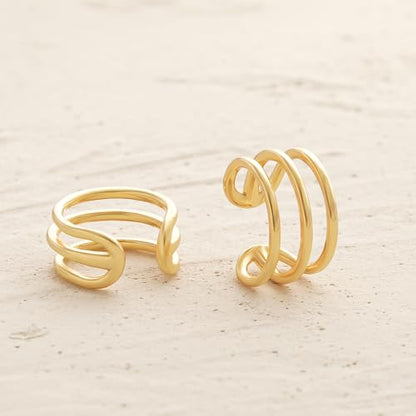 Women Ear Cuff Earring Gold Non Pierced Ear Cartilage Clip on Wrap Hoop 14K Gold Filled Tiny Boho Beach Simple Minimalist Delicate Handmade Hypoallergenic Jewelry Gift-Sold as Single/Pair - style: 3 Hoops /Pair