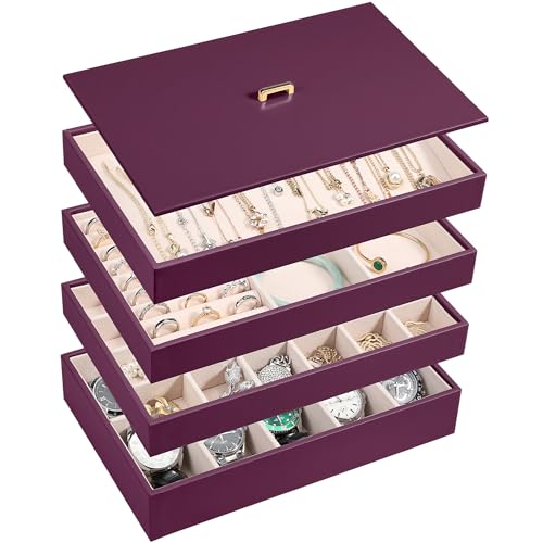 Voova Stackable Jewelry Organizer Tray with Lid (Set of 4, Purple) | Stackable PU leather jewelry trays with drawer inserts for earrings, rings, necklaces, bracelets and watches; set of 4 - color: Purple