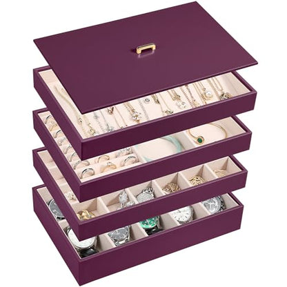 Voova Stackable Jewelry Organizer Tray with Lid (Set of 4, Purple) | Stackable PU leather jewelry trays with drawer inserts for earrings, rings, necklaces, bracelets and watches; set of 4 - color: Purple