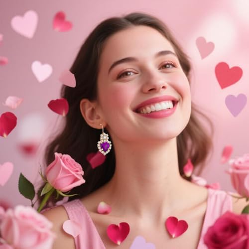 4 Pcs Heart Jewelry Set for Women fashion Cubic Zirconia Pendant Necklace Bracelet Earrings Dainty Open Ring Charm Prom Party, Birthday Valentines Mothers Day Christmas Jewelry Gift - style: Purple