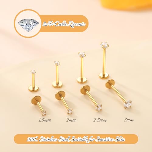 Xpircn Flat Back Stud Earrings 14K Gold Plated Internally Threaded CZ Stud Piercing Jewelry for Tragus Helix Cartilage Conch Nose Hypoallergenic Lip Labret Medusa Piercing 16G 18G - color: 18 Gauge, Gold, size: Mixed (6/8/10/12mm) Bar