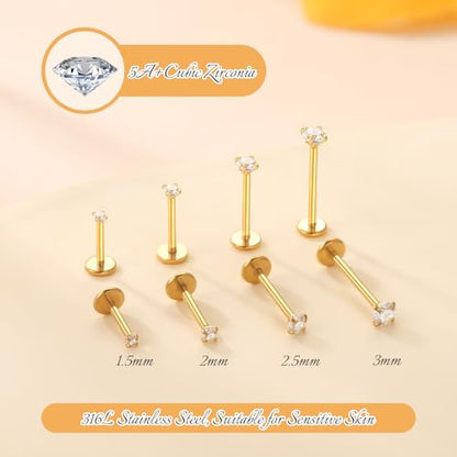 Xpircn Flat Back Stud Earrings 14K Gold Plated Internally Threaded CZ Stud Piercing Jewelry for Tragus Helix Cartilage Conch Nose Hypoallergenic Lip Labret Medusa Piercing 16G 18G - color: 18 Gauge, Gold, size: Mixed (6/8/10/12mm) Bar
