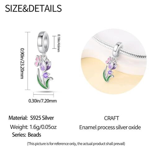CYCUFF 925 Sterling Silver Charms Suitable for Bracelet Pendants Beads, Charm Necklaces Jewellery Gift for Women - color: Purple Tulip Charm