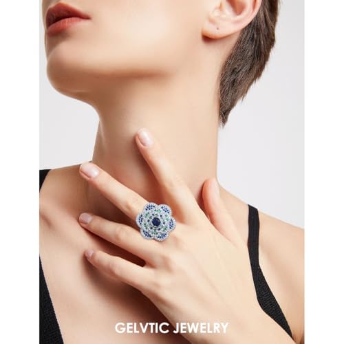 Cocktail Rings Silver Rose Flower Ring for Women Adjustable 18K Gold Plated Snowflake Open Wrap Wedding Statement Valentine Gift for Lover Wife Christmas - style: JZ06 Flower Ring-Blue