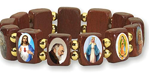 Catholica Shop Devotional Catholic Religious Wood Stretch Bracelets. Small and Large Panels with Assorted Images of Saints, Jesus and Mary. Unisex. Handcrafted in Brazil - style: Small Panel Gold Tone