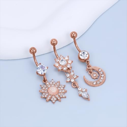 Vsnnsns 14G Dangle Belly Button Ring Piercing Jewelry 316L Stainless Surgical Steel Navel Rings Cubic Zirconia Heart Flower CZ Dangling Belly Button Ring Piercing Jewelry for Women 14 Gauge - color: Rose Gold Tone B