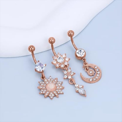 Vsnnsns 14G Dangle Belly Button Ring Piercing Jewelry 316L Stainless Surgical Steel Navel Rings Cubic Zirconia Heart Flower CZ Dangling Belly Button Ring Piercing Jewelry for Women 14 Gauge - color: Rose Gold Tone B