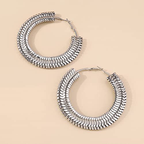 Extra Large Chunky Cuban Hoop Earrings Geometric Double Layered Round Loop Earrings for Women Prom Party Festival Jewelry (80mm silver) - size: 80mm silver