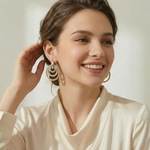 Antique Gold Hammered Disc Drop Earrings Boho Earrings with Two Tone Jewelry Gift - color: EH22701A