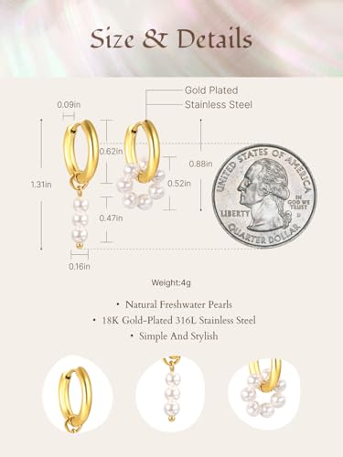 Pearl Earrings VeroSteel Dangle Earrings for Women, Dainty 14k Gold Huggie Hoop Earrings with Pearls, Trendy Pearl Drop Earrings, Stainless Steel Hypoallergenic Stud Earrings For Sensitive Ears - style: Asymmetric