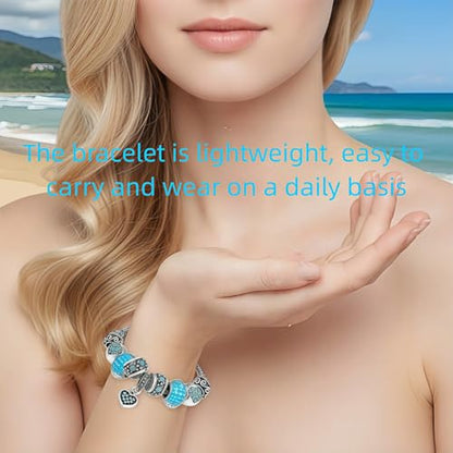 Pink Hearts Silver Plated Charm Bracelet, DIY Jewelry for Women with Beads, Charms, and Adjustable Snake Chain, Fits 7.5"+1.5" - color: Blue, size: 19cm