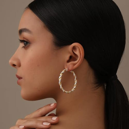 LeCalla 925 Sterling Silver Large Hoop Earrings | Lightweight High-Polished Italian Handmade Earring Hoops | Round Shaped Statement Hoops Earring for Women - color: Twisted Two_Tone-45MM