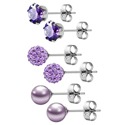JewelrieShop Birthstone Studs Earring Set Cubic Zirconia Rhinestones Crystal Ball Faux Pearl Stainless Steel Stud Earrings for Women Jewelry Gift (6mm Round,3 Pairs) - color: 2) Feb. - Purple
