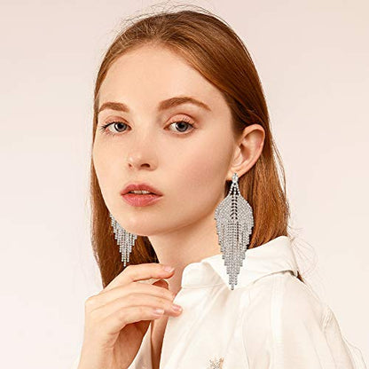 Silver Rhinestone Crystal Bridal Chandelier Long Tassels Dangle Earrings for Wedding - color: A-3
