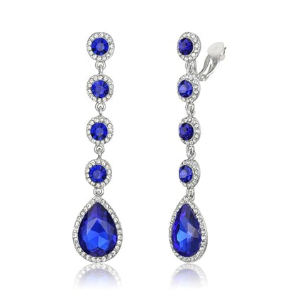 EleQueen Women's Wedding Crystal Teardrop Pear Shape 3 Inch Clip on Long Dangle Earrings for Bride Bridesmaid, Jewelry for Party Prom/Anniversary - color: Blue Silver-Tone