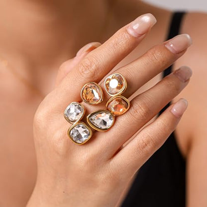 Geometric Crystal Statement Ring for Women Stainless Steel Adjustable Open Bezel Square Teardrop Austrian CZ Princess Cut Wedding Promise Finger Rings Comfort Fit Stacking Band Dainty Jewelry Art Deco - color: Clear Cz