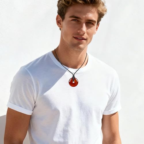Anjiucc Natural Gemstone Pendant Necklce Lucky Coin Crystal Necklace Donut Pendnat with Adjustable Rope Healing Crystal for Men - color: Red Agate