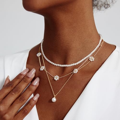 Zeffy Gold Pearl Necklace for Women, Dainty 14K Gold/Silve Plated Layered Pearl Choker Pearl Earrings Pearl Bracelets Wedding Trendy Gold Jewelry Set for Women Gifts - style: Gold Daisy Pearl Necklace-3PCS