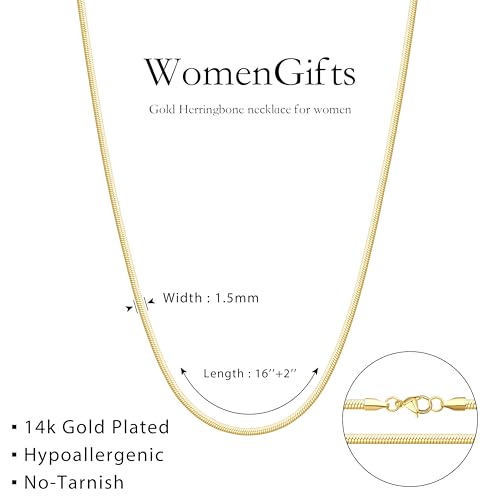 WomenGifts 14K Gold Silver Plated Herringbone Necklace for Women, Dainty Snake Chain Choker, Trendy Simple Long Layered Jewelry Non Tarnish, 3/4/5/8mm,14,16,18,20,22,24,26 Inch Thin & Chunky Options - color: Gold, style: 1.5mm-16inch
