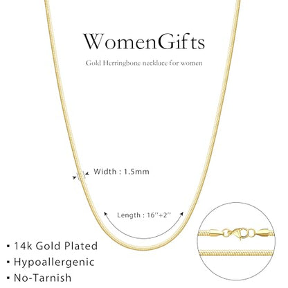 WomenGifts 14K Gold Silver Plated Herringbone Necklace for Women, Dainty Snake Chain Choker, Trendy Simple Long Layered Jewelry Non Tarnish, 3/4/5/8mm,14,16,18,20,22,24,26 Inch Thin & Chunky Options - color: Gold, style: 1.5mm-16inch