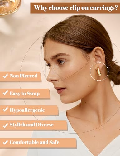 BESTEEL 3Pairs Clip on Earrings for Women Trendy Chunky Hoops Fake Earrings | Hypoallergenic 14K Gold Plated Lightweight Tube Croissant Waterdrop Clip-on Earrings Set Non Pierced Earrings Jewelry Gift - color: Gold-Trendy