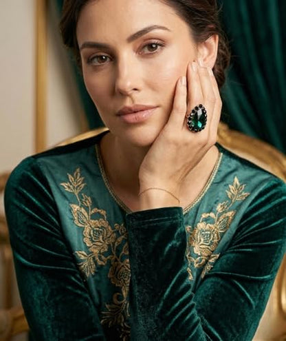 NYFASHION101 Radiant Teardrop Stone Adjustable Cocktail Statement Ring - color: Green/Gold-Tone