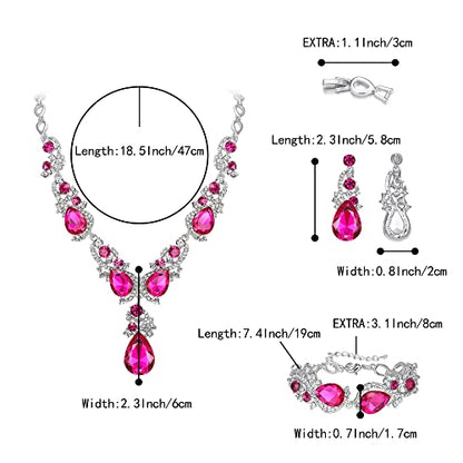 Wedding Bridal Jewelry Set for Women Prom Party Accessories | Shiny Multi Teardrop Cluster Crystal Statement Necklace Dangle Earrings Link Bracelet Set for Bride Bridesmaid - color: Fuchsia Silver-Tone