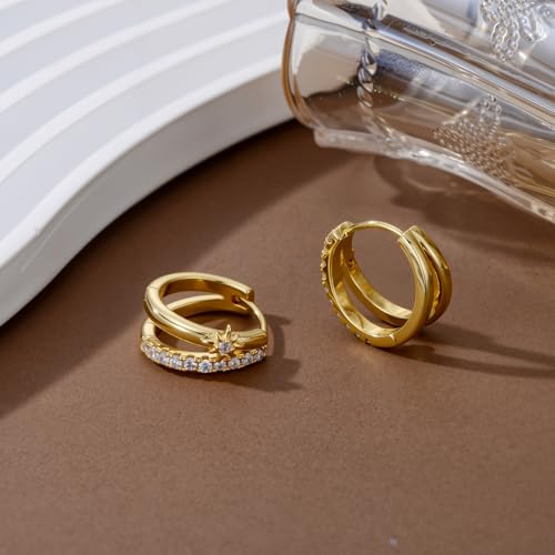 14K Gold Double Hoop Earrings 20mm Split Huggies North Star Earrings Celestial Jewelry Gift for Women