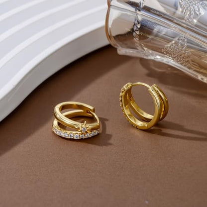 14K Gold Double Hoop Earrings 20mm Split Huggies North Star Earrings Celestial Jewelry Gift for Women