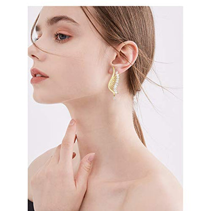 CZ Bridal Earrings for Wedding - 14k Plated Sterling Silver Elegant Teardrop Cubic Zirconia Crystal Rhinestone Floarl Leaf Cluster Chandelier Statement Dangle Drop Earrings for Bride Bridesmaids Party - color: Big Wing - Gold
