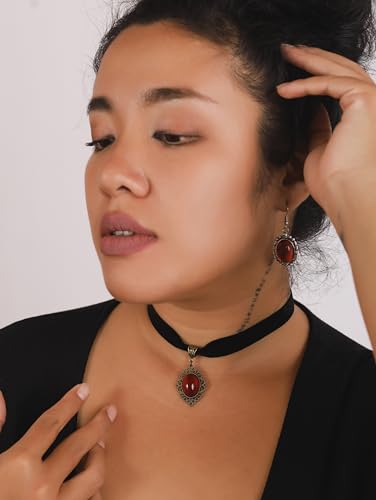 Red Velvet Victorian Choker, Black Choker, Gothic Goth Vintage Necklace | Zinc Alloy, Glass, Velvet, 12.6 in & 4.3 in extender chain, Gothic Vintage Steampunk Jewelry, Halloween Costumes Jewelry