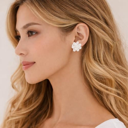 Flower Clip On Earrings For Women, Fashion Acrylic Floral Earrings No piercing Earrings Summer Earrings Jewelry Gift - color: White