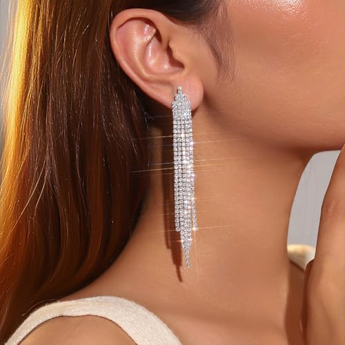 Silver Shiny Rhinestone Long Tassel Dangle Earrings for Women Trendy, Unique Bling Zirconia Drop Earring Dainty Prom Party Jewelry Accessories Gift - color: Silver