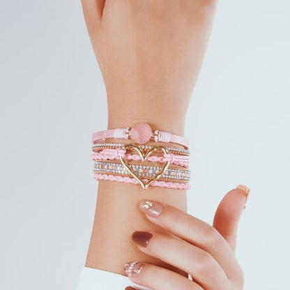 Boho Leather Wrap Bracelets Beaded Stackable Cuff Bracelet Country Concert Outfits Cowboy Cowgirl Western Jewelry Gifts for Women - color: Heart-Pink