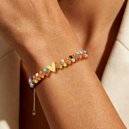 Beaded Bracelet for Women, Double Layer Colorful Seed Bead Bracelet with Heart Charm, Handmade Boho Stackable Bracelet, Adjustable Friendship Jewelry Gift for Women