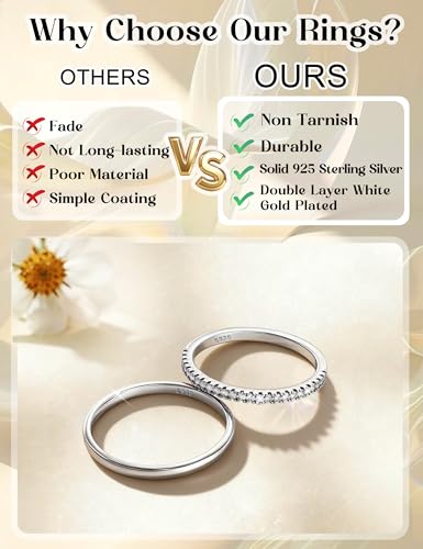 MILACOLATO 2Pcs Solid 925 Sterling Silver Rings for Women 1.3mm Thin Non Tarnish White Gold Plated Plain Thumb Stackable Rings Half Cubic Zirconia Wedding Eternity Band Rings Size 5-10 - color: Silver