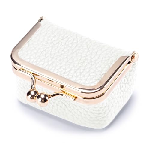 Genuine Leather Mini Jewelry Box - Vintage-Inspired Small Travel Jewelry Case with Kiss Lock | Compact Ring Box for Women | Holds Earrings, Rings, Necklaces, Bracelets (White S 2.56in) - color: White S 2.56in