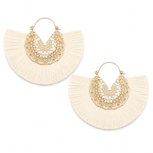 Tassel Hoop Earring Statement Thread Dangle Earrings Stylish Long Fringe Drop Earrings Lightweight Long Swingy French Hook Earrings for Women - color: A Off-white