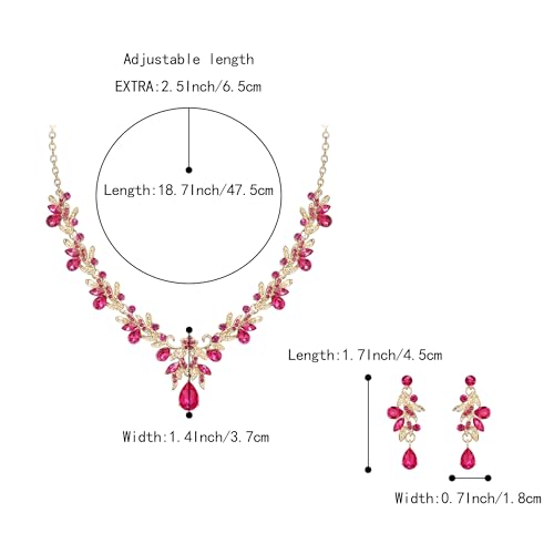 Women's Wedding Jewelry Set Leaf Flower for Bridal Prom Party | Stunning Crystal Teardrop Marquise Cluster Pendant Necklace Dangle Earrings Set for Bride Bridesmaid - color: Hot Pink Gold-Plated-Base