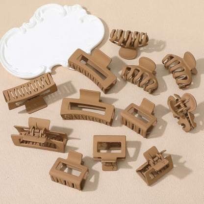 Small Medium Claw Clips for Women, 3 Styles Hair Clips for Thick and Thin Hair, Non-slip Strong Hold, 12 Pcs (Kahki) - color: Kahki
