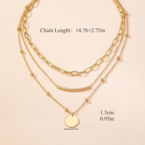 14K Gold Layered Necklaces for Women Trendy Small Bead Tube Polish Coin Pendant Choker Paperclip Chain Necklace Statement Accessory Jewelry Set Gift