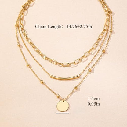 14K Gold Layered Necklaces for Women Trendy Small Bead Tube Polish Coin Pendant Choker Paperclip Chain Necklace Statement Accessory Jewelry Set Gift