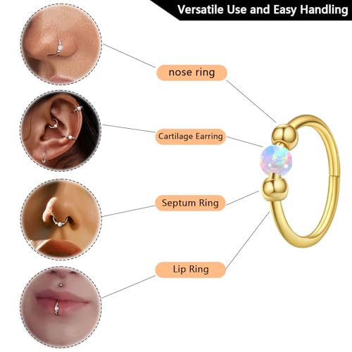 Thiswhyimbeauty 2PCS 18g Opal Nose Rings for Women Nose Hoops 8mm/10mm Hypoallergenic 316L Surgical Steel Nose Rings Piercing Jewelry Can Be Used as a Nose Ring, Septum Ring, and Cartilage Earring - color: A-Gold White opal